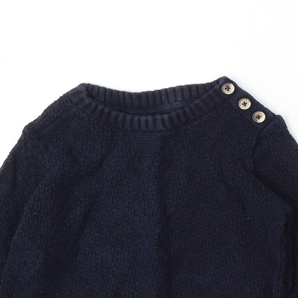 F&F Boys Blue Round Neck Cotton Pullover Jumper Size 2-3 Years Button