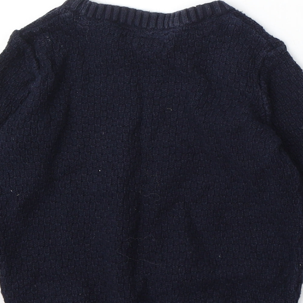F&F Boys Blue Round Neck Cotton Pullover Jumper Size 2-3 Years Button