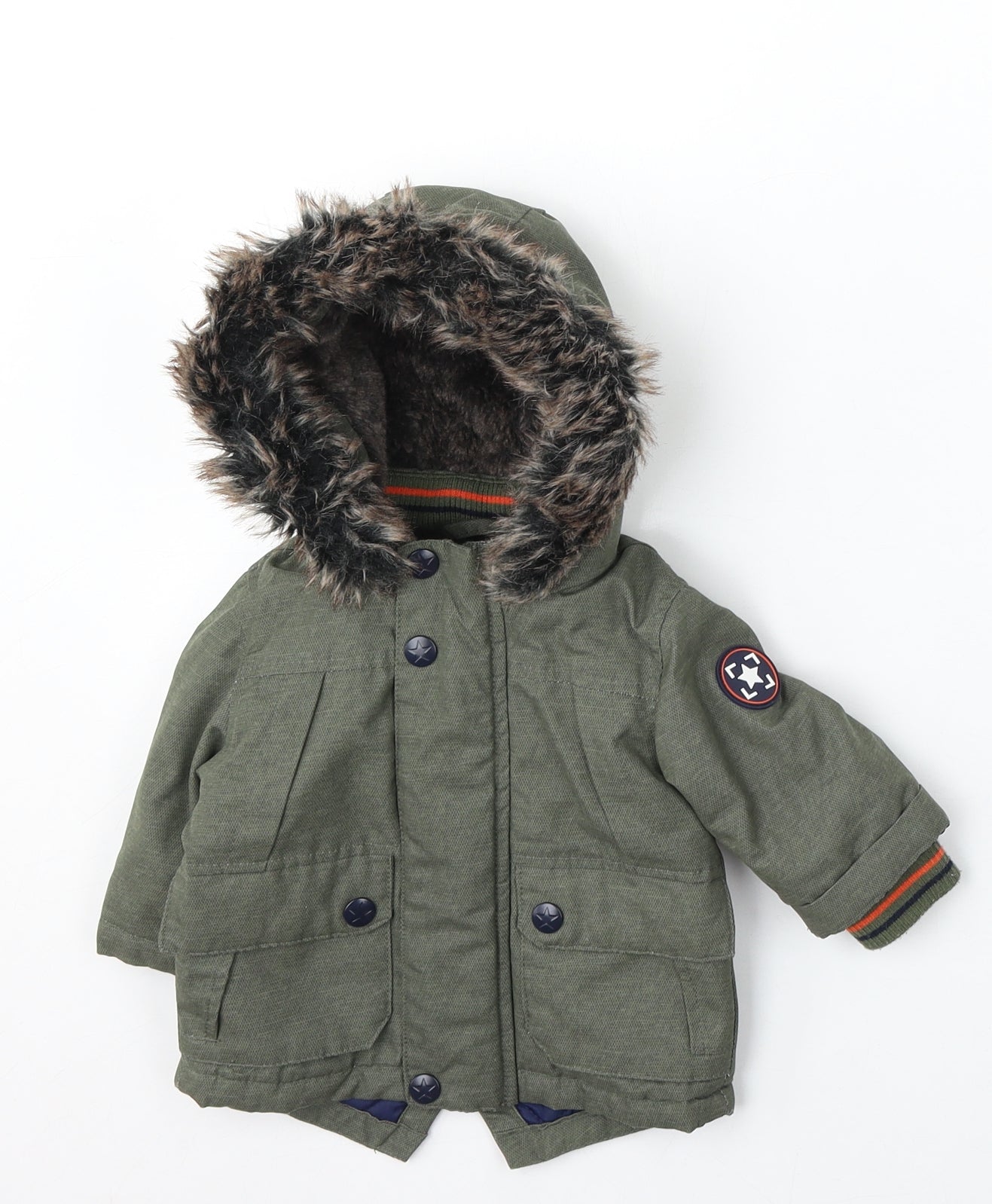 Primark Boys Green Parka Coat Size 0-3 Months Zip