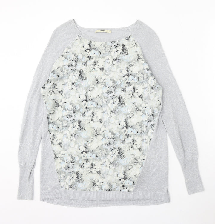 Oasis Womens Silver Round Neck Floral Viscose Pullover Jumper Size XS