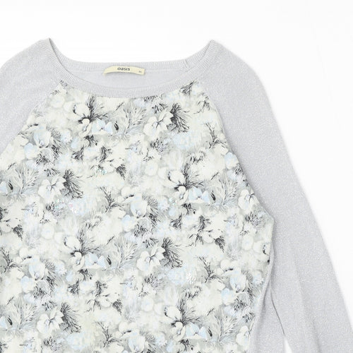 Oasis Womens Silver Round Neck Floral Viscose Pullover Jumper Size XS