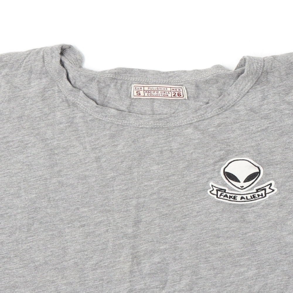 Pull&Bear Womens Grey Cotton Basic T-Shirt Size S Round Neck - Fake Alien