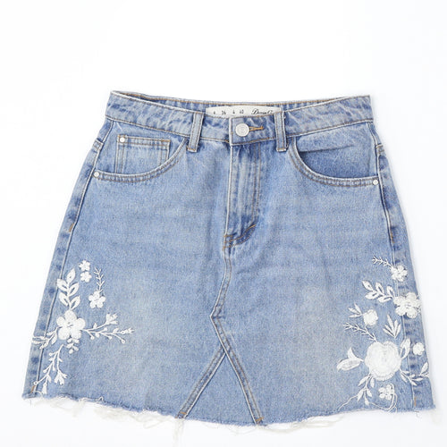 Denim & Co. Womens Blue Floral Cotton A-Line Skirt Size 8 Button