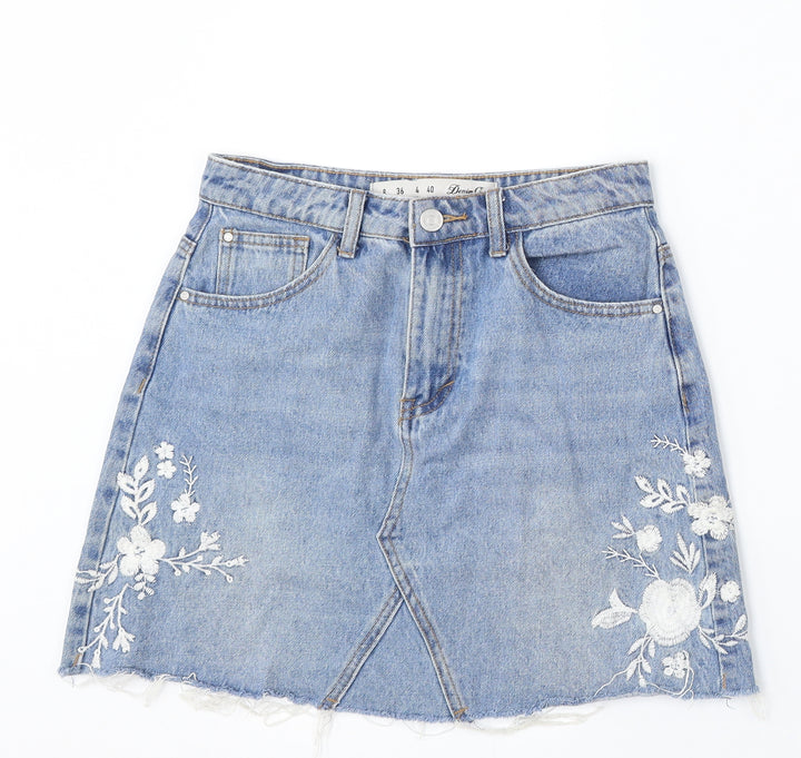 Denim & Co. Womens Blue Floral Cotton A-Line Skirt Size 8 Button