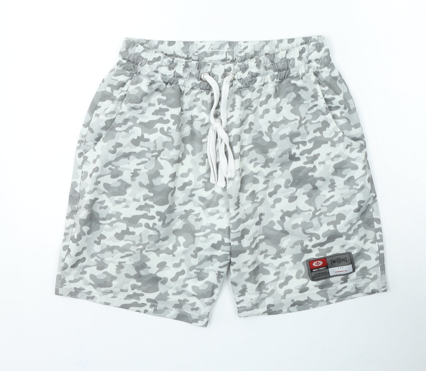 boohooman Mens Grey Camouflage Polyester Sweat Shorts Size M L7 in Regular Drawstring