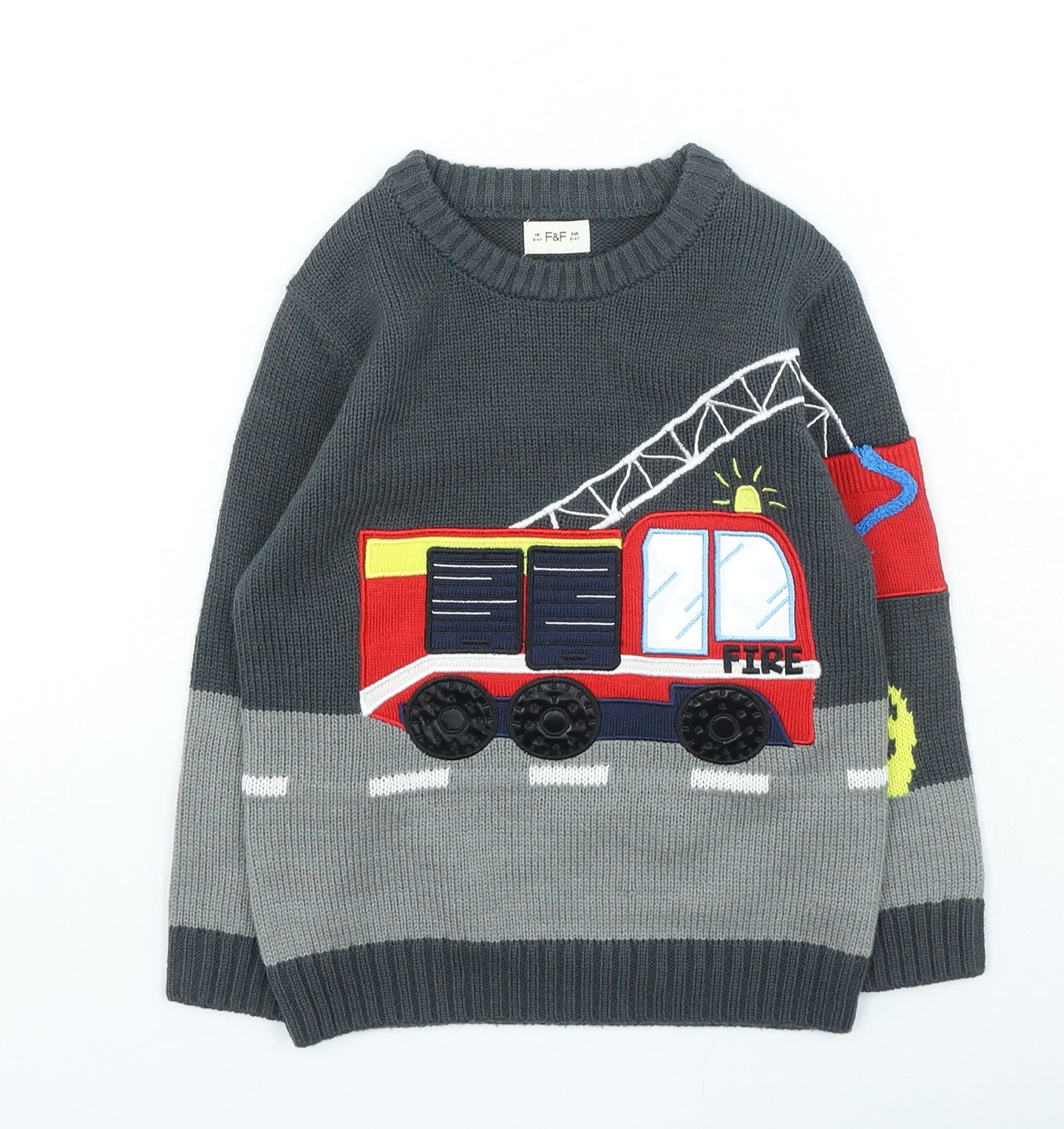 F&F Boys Multicoloured Round Neck Acrylic Pullover Jumper Size 3-4 Years Pullover - Fire Engine
