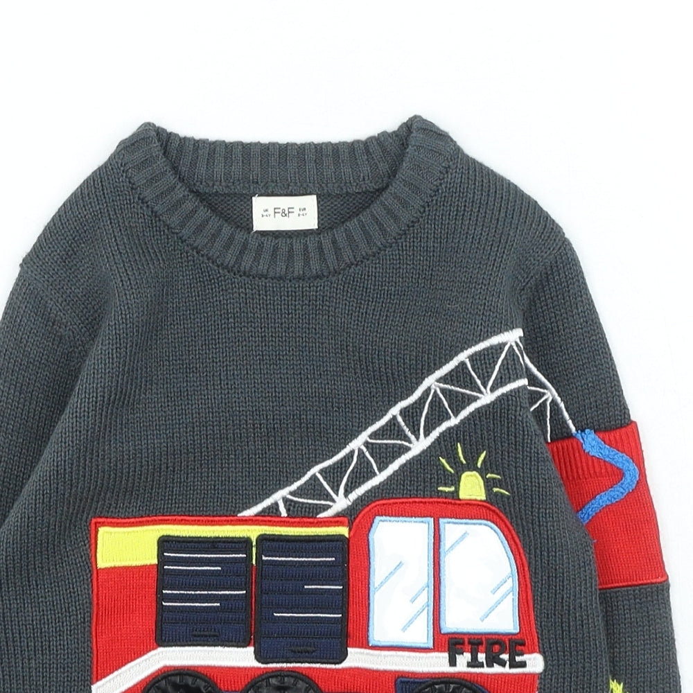 F&F Boys Multicoloured Round Neck Acrylic Pullover Jumper Size 3-4 Years Pullover - Fire Engine