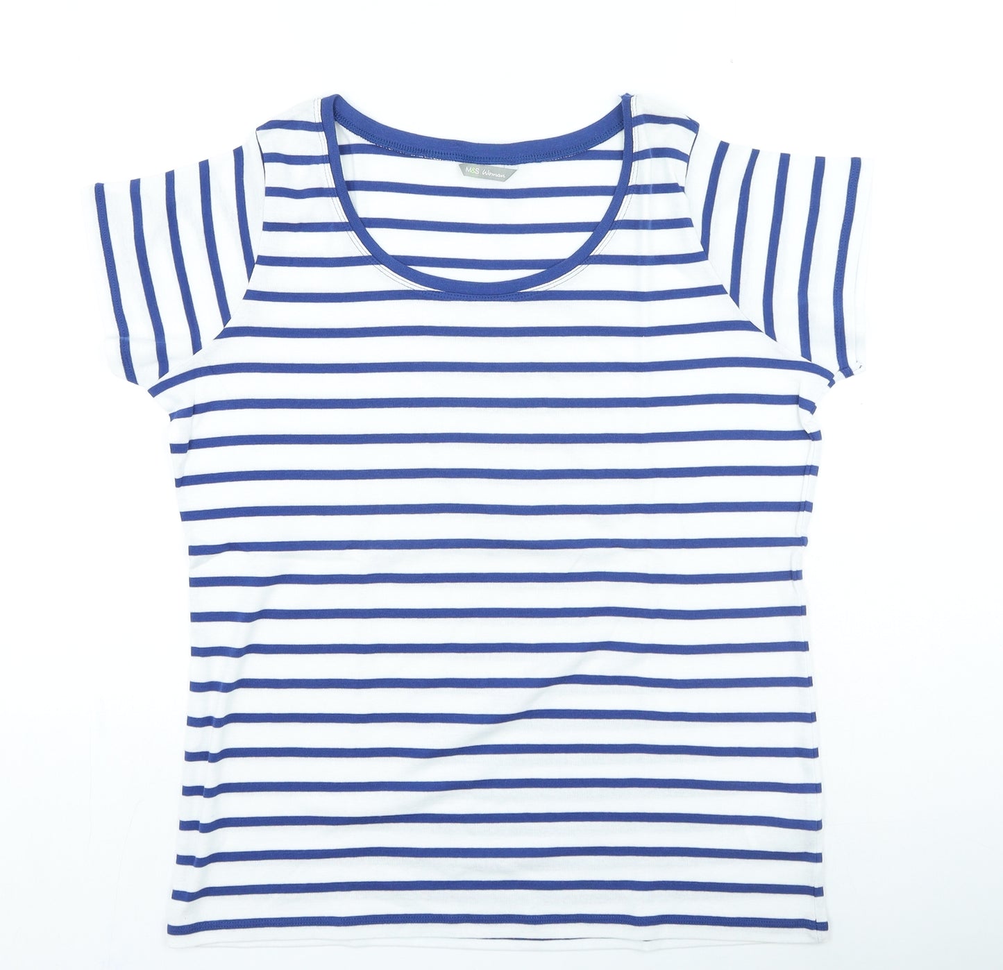 Marks and Spencer Womens Blue Striped Cotton Basic T-Shirt Size 20 Round Neck