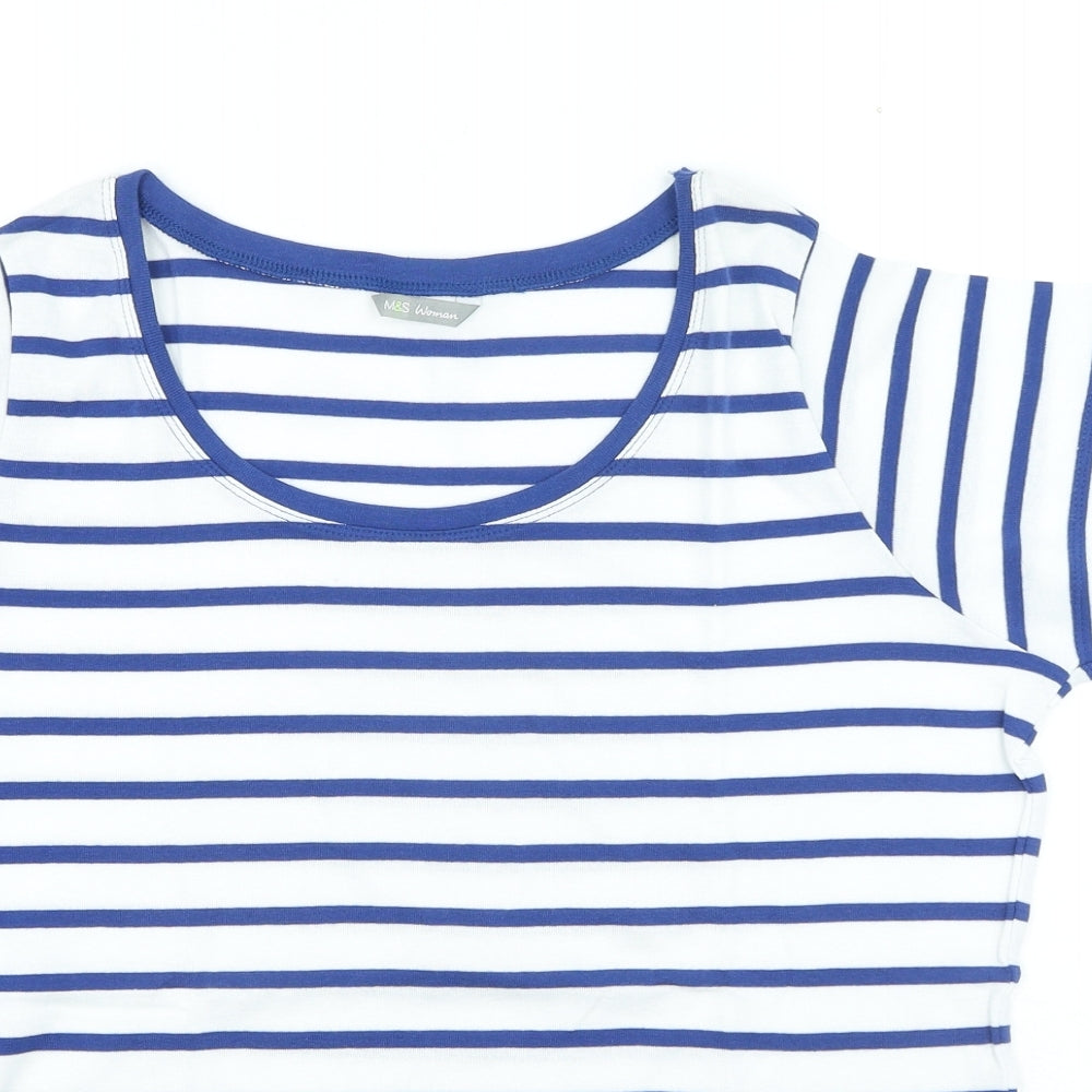Marks and Spencer Womens Blue Striped Cotton Basic T-Shirt Size 20 Round Neck