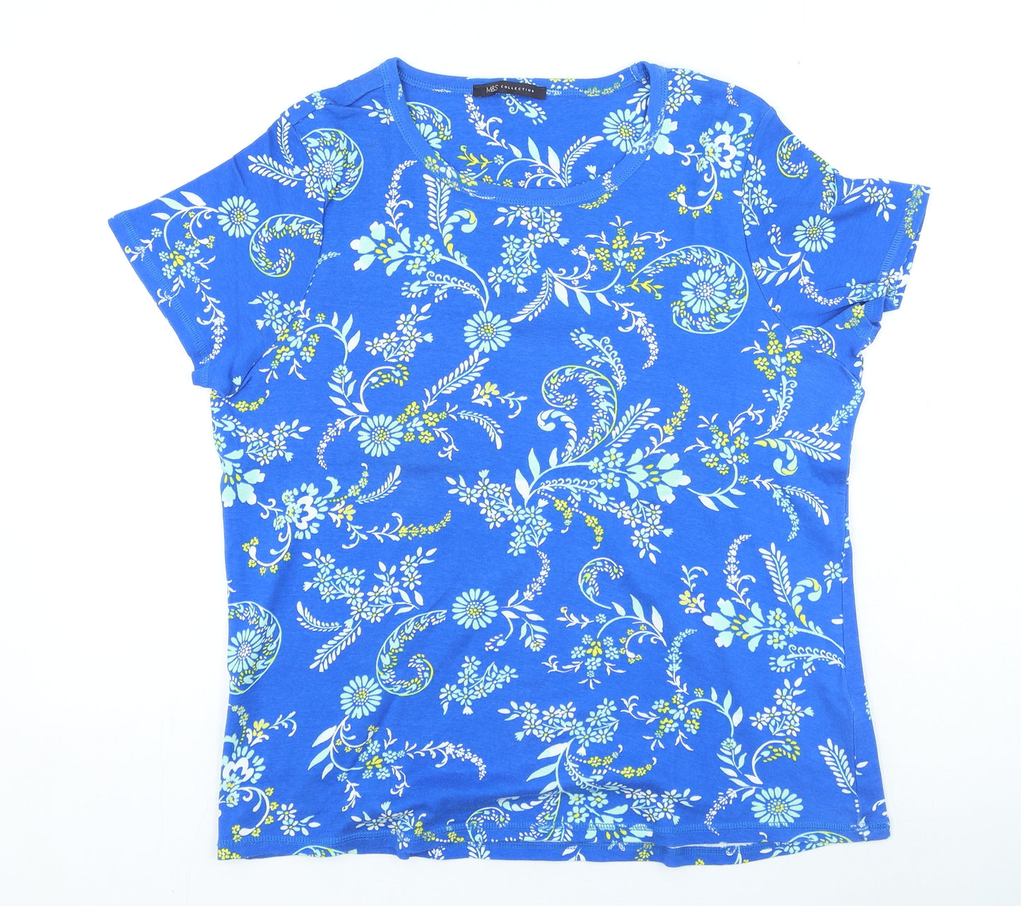Marks and Spencer Womens Blue Floral Cotton Basic T-Shirt Size 20 Round Neck