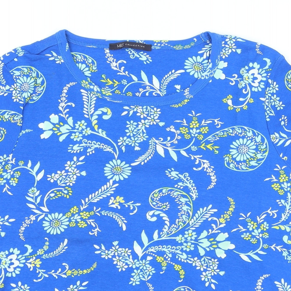 Marks and Spencer Womens Blue Floral Cotton Basic T-Shirt Size 20 Round Neck