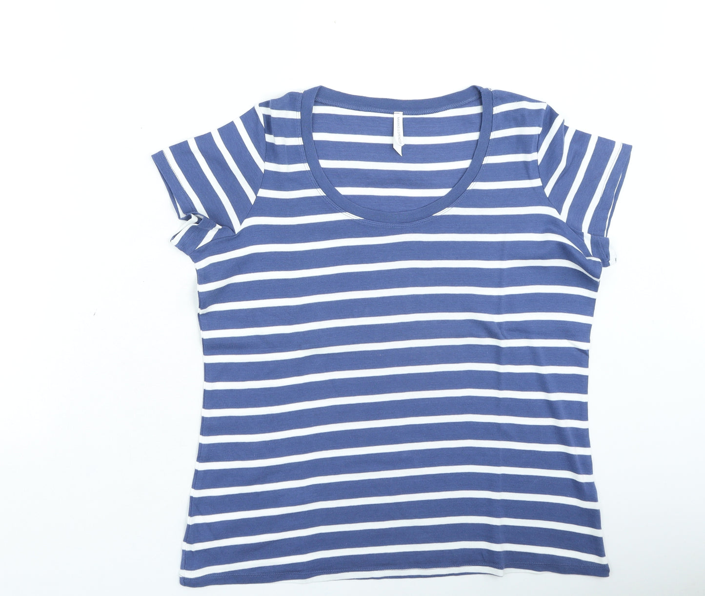 Marks and Spencer Womens Blue Striped Cotton Basic T-Shirt Size 20 Round Neck