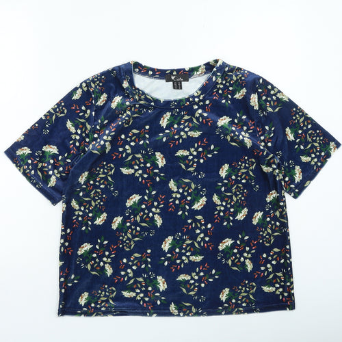 Cutie Womens Blue Floral Polyester Basic T-Shirt Size 12 Round Neck