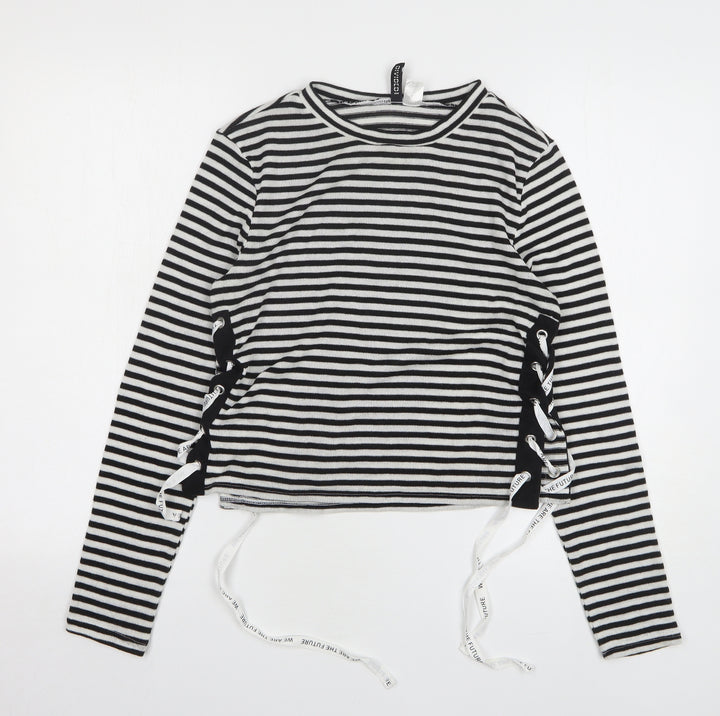 H&M Womens Black Round Neck Striped Polyester Pullover Jumper Size M - lace up detail