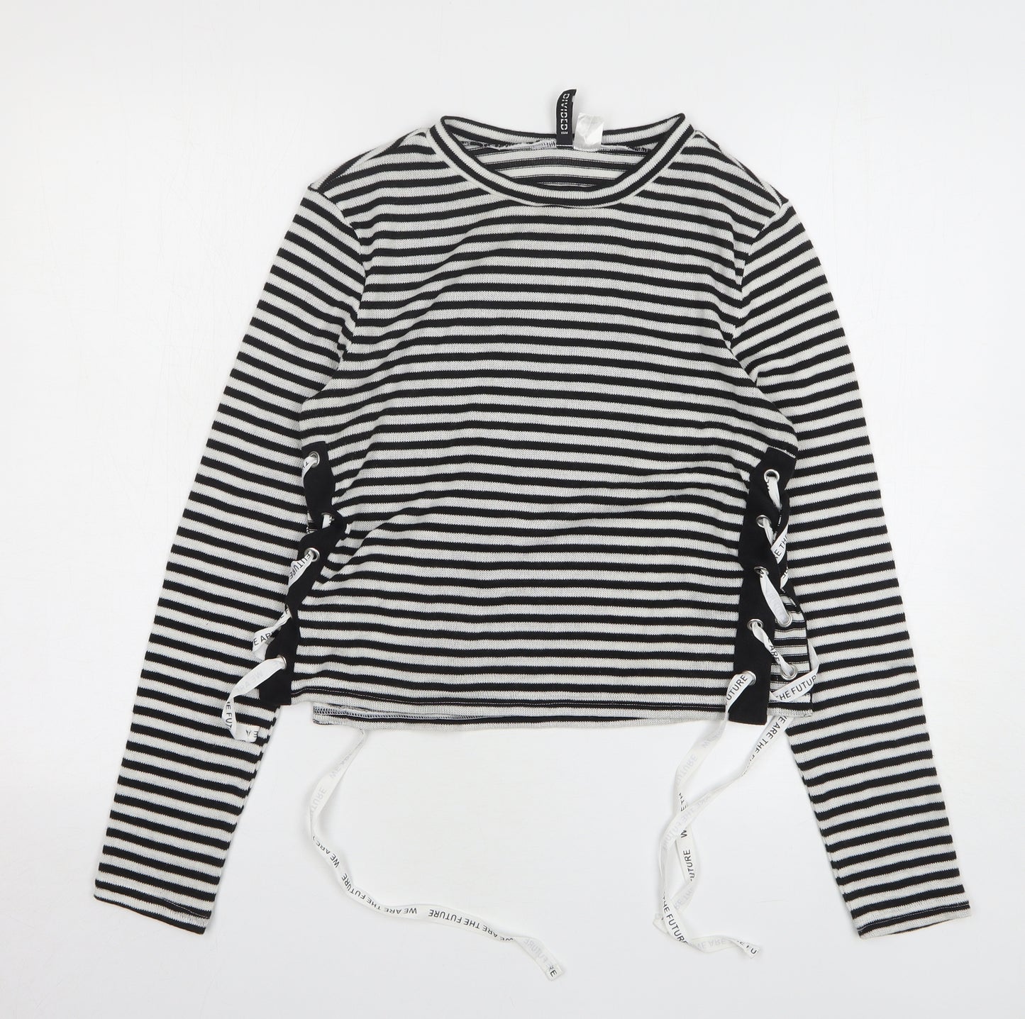 H&M Womens Black Round Neck Striped Polyester Pullover Jumper Size M - lace up detail