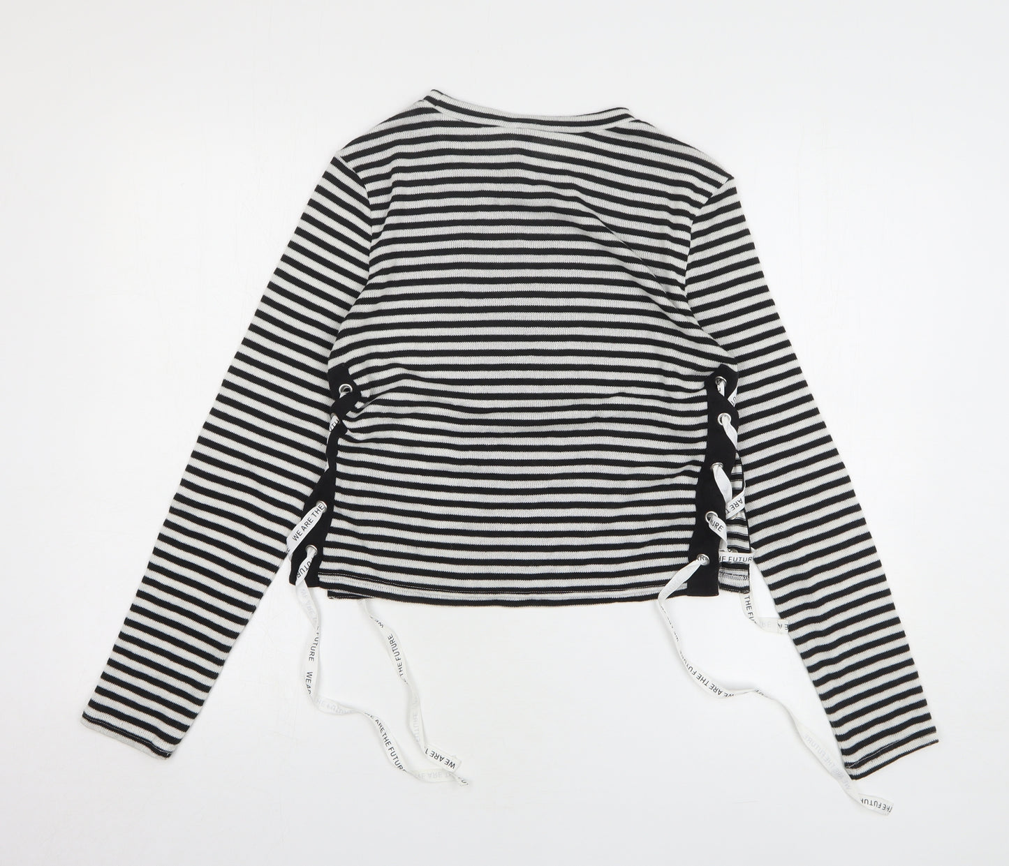 H&M Womens Black Round Neck Striped Polyester Pullover Jumper Size M - lace up detail