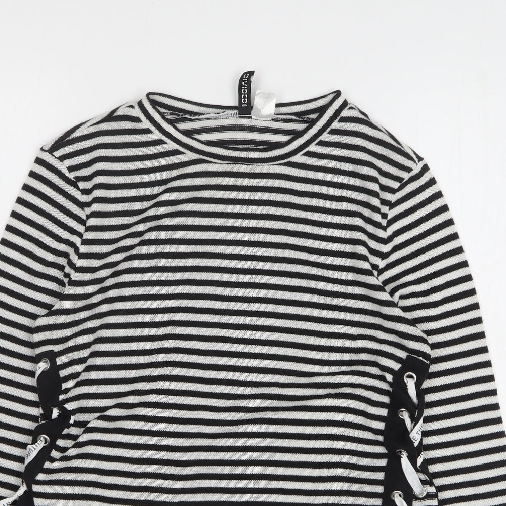 H&M Womens Black Round Neck Striped Polyester Pullover Jumper Size M - lace up detail