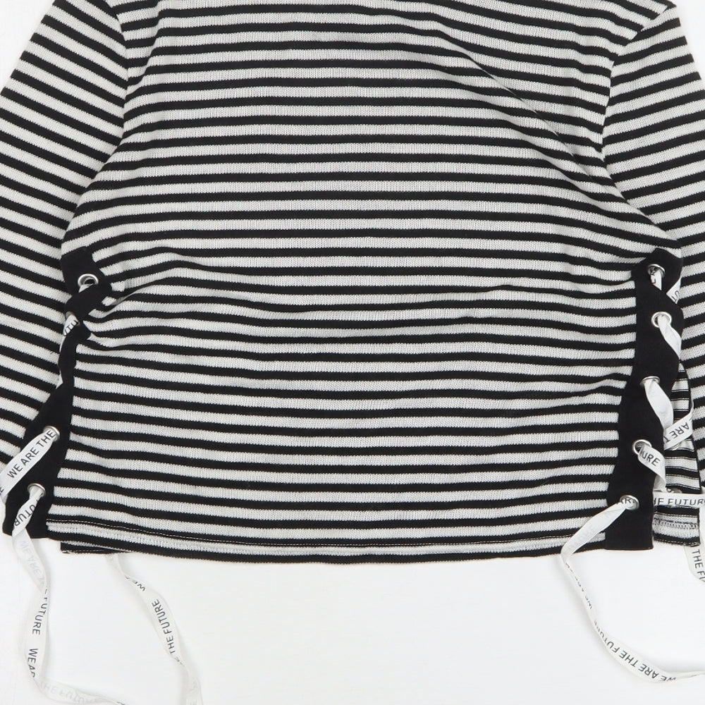 H&M Womens Black Round Neck Striped Polyester Pullover Jumper Size M - lace up detail