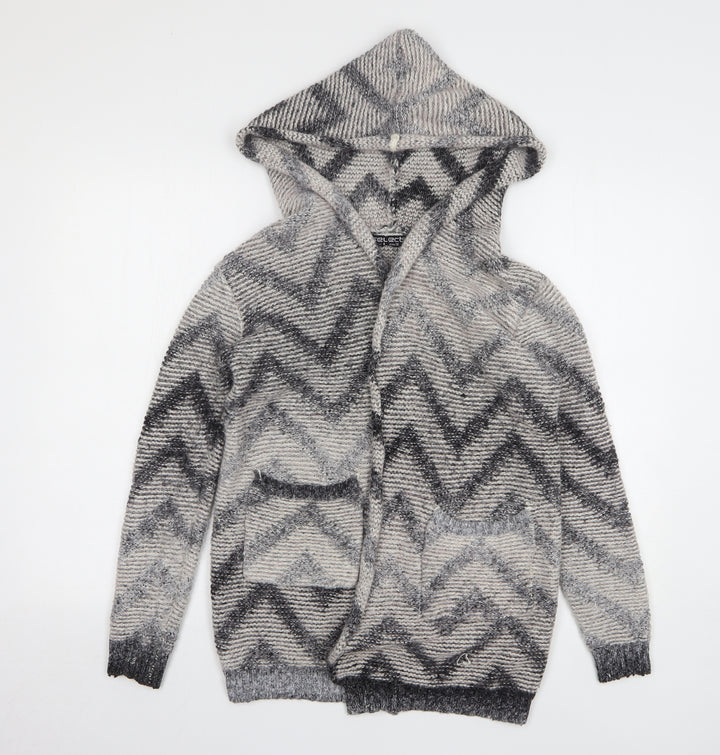 Select Womens Beige Geometric Polyamide Cardigan Hoodie Size 8 Tie