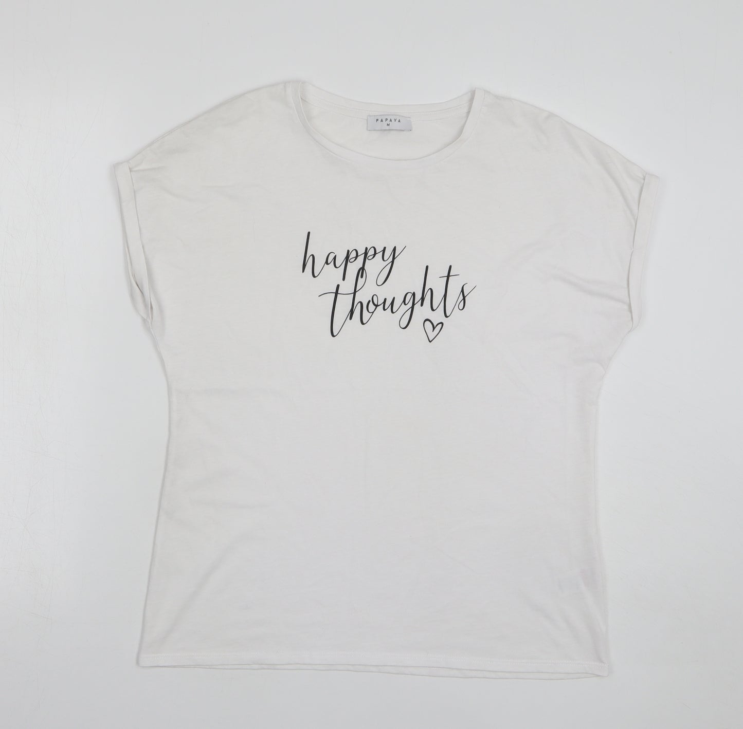 Papaya Womens White Cotton Basic T-Shirt Size M Round Neck - Happy Thoughts