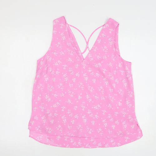 Dunnes Womens Pink Floral Polyester Basic Blouse Size S V-Neck