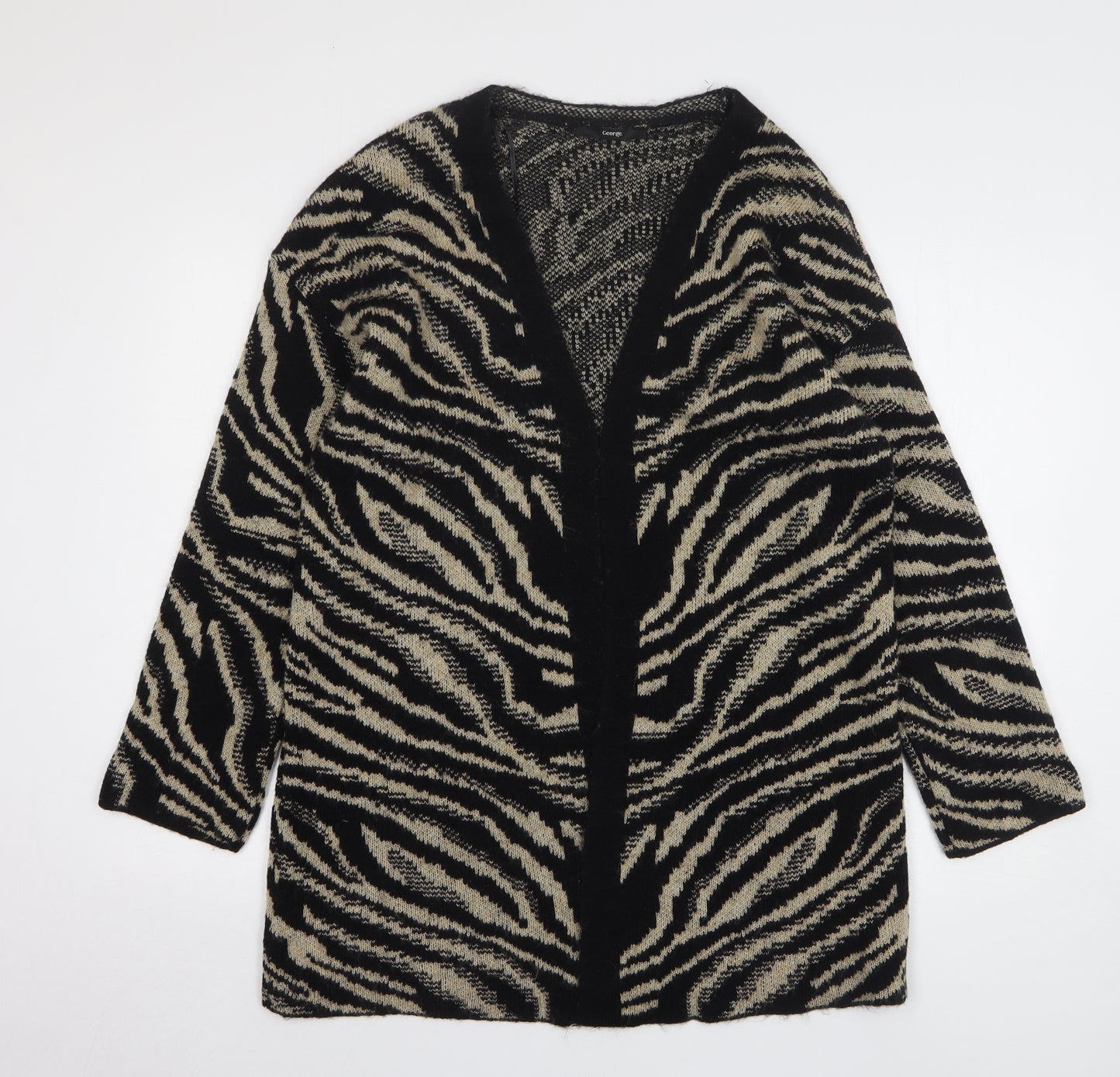 George Womens Black V-Neck Animal Print Acrylic Cardigan Jumper Size M - Tiger Print