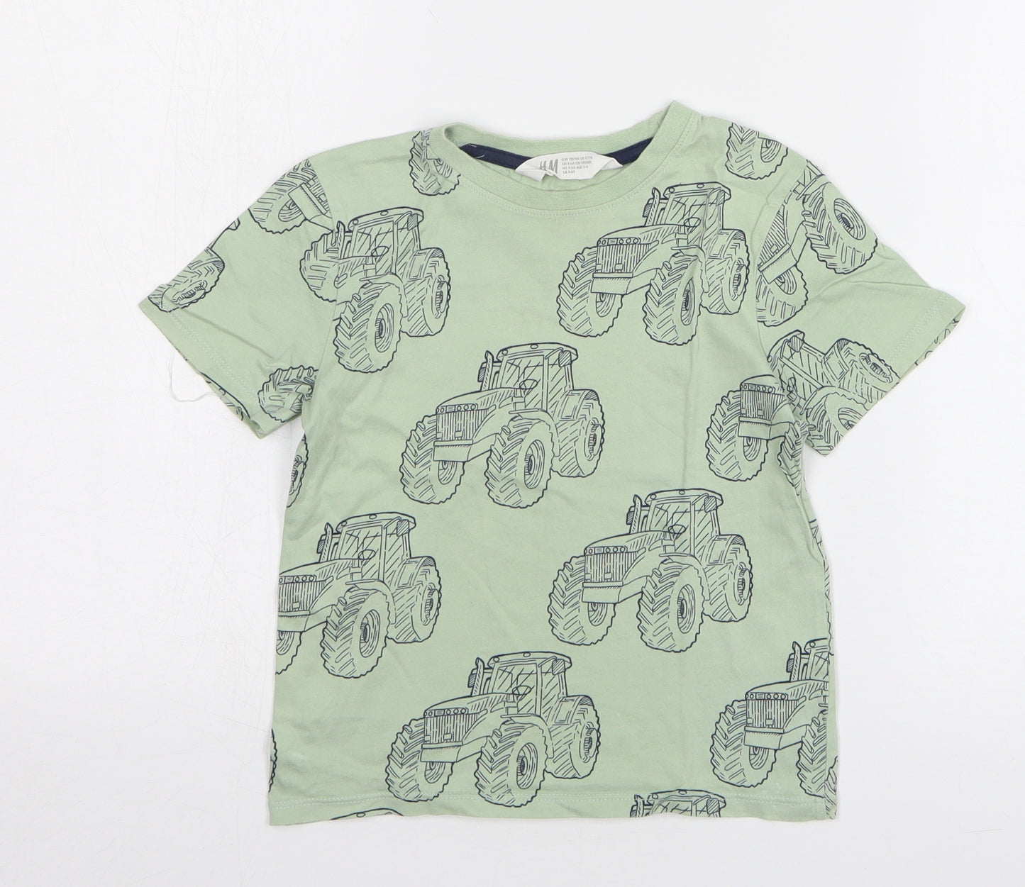 H&M Boys Green Cotton Basic T-Shirt Size 5-6 Years Round Neck Pullover - Tractors