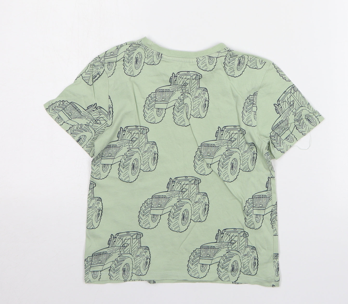 H&M Boys Green Cotton Basic T-Shirt Size 5-6 Years Round Neck Pullover - Tractors