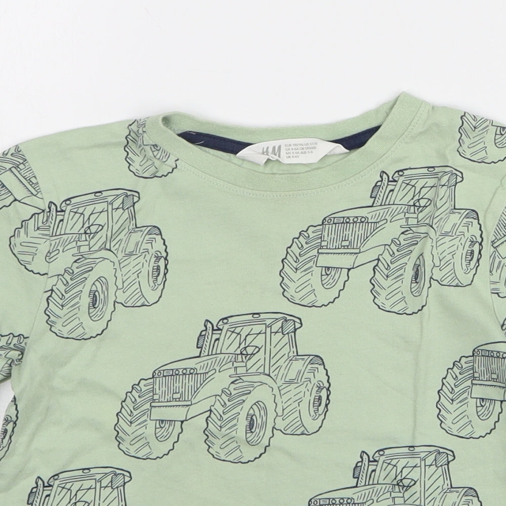 H&M Boys Green Cotton Basic T-Shirt Size 5-6 Years Round Neck Pullover - Tractors