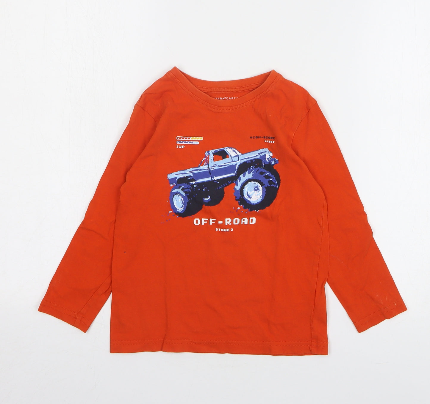 Primark Boys Orange Cotton Basic T-Shirt Size 5-6 Years Round Neck Pullover - Off-Road Truck