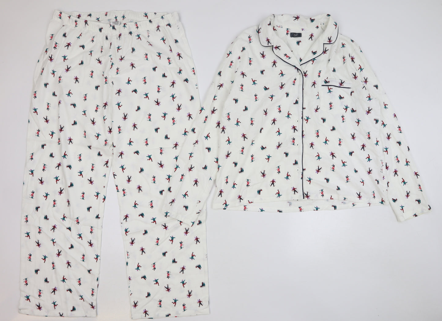 F&F Womens White Geometric Cotton Top Pyjama Set Size 16 Button - Skiing