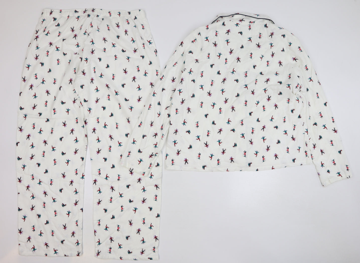 F&F Womens White Geometric Cotton Top Pyjama Set Size 16 Button - Skiing