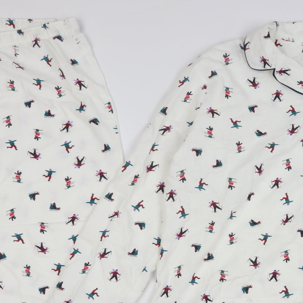 F&F Womens White Geometric Cotton Top Pyjama Set Size 16 Button - Skiing