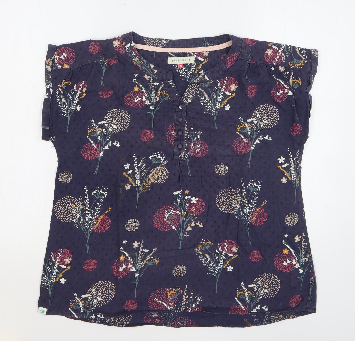 Brakeburn Womens Blue Floral Cotton Basic T-Shirt Size 10 V-Neck