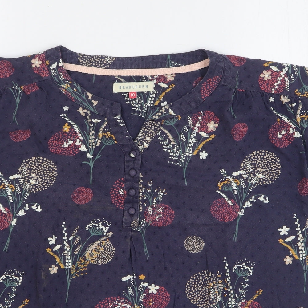 Brakeburn Womens Blue Floral Cotton Basic T-Shirt Size 10 V-Neck