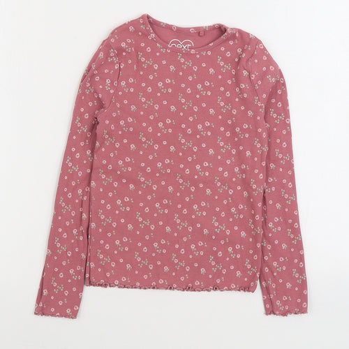 NEXT Girls Pink Floral Cotton Basic T-Shirt Size 7-8 Years Round Neck Pullover