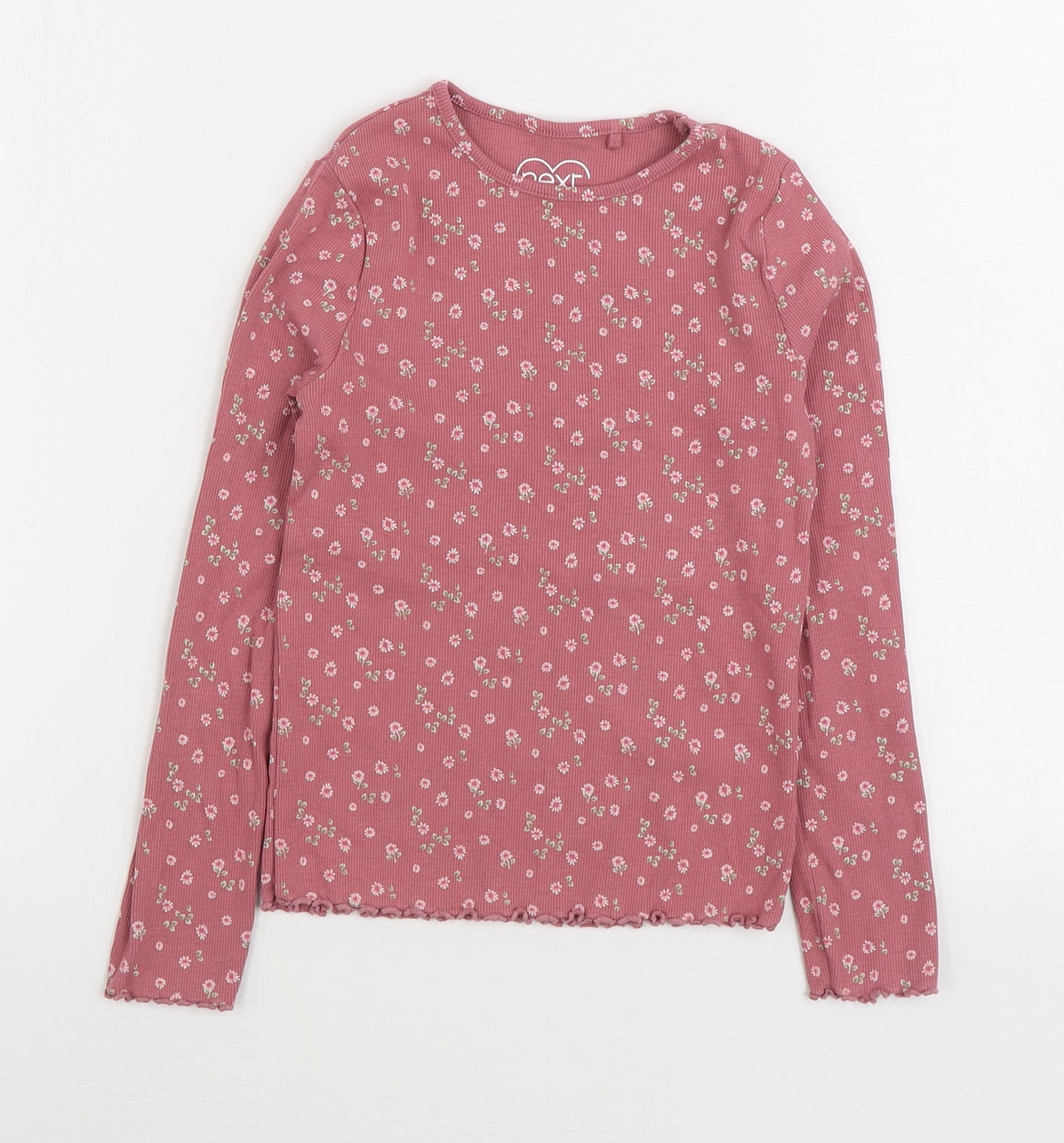 NEXT Girls Pink Floral Cotton Basic T-Shirt Size 7-8 Years Round Neck Pullover