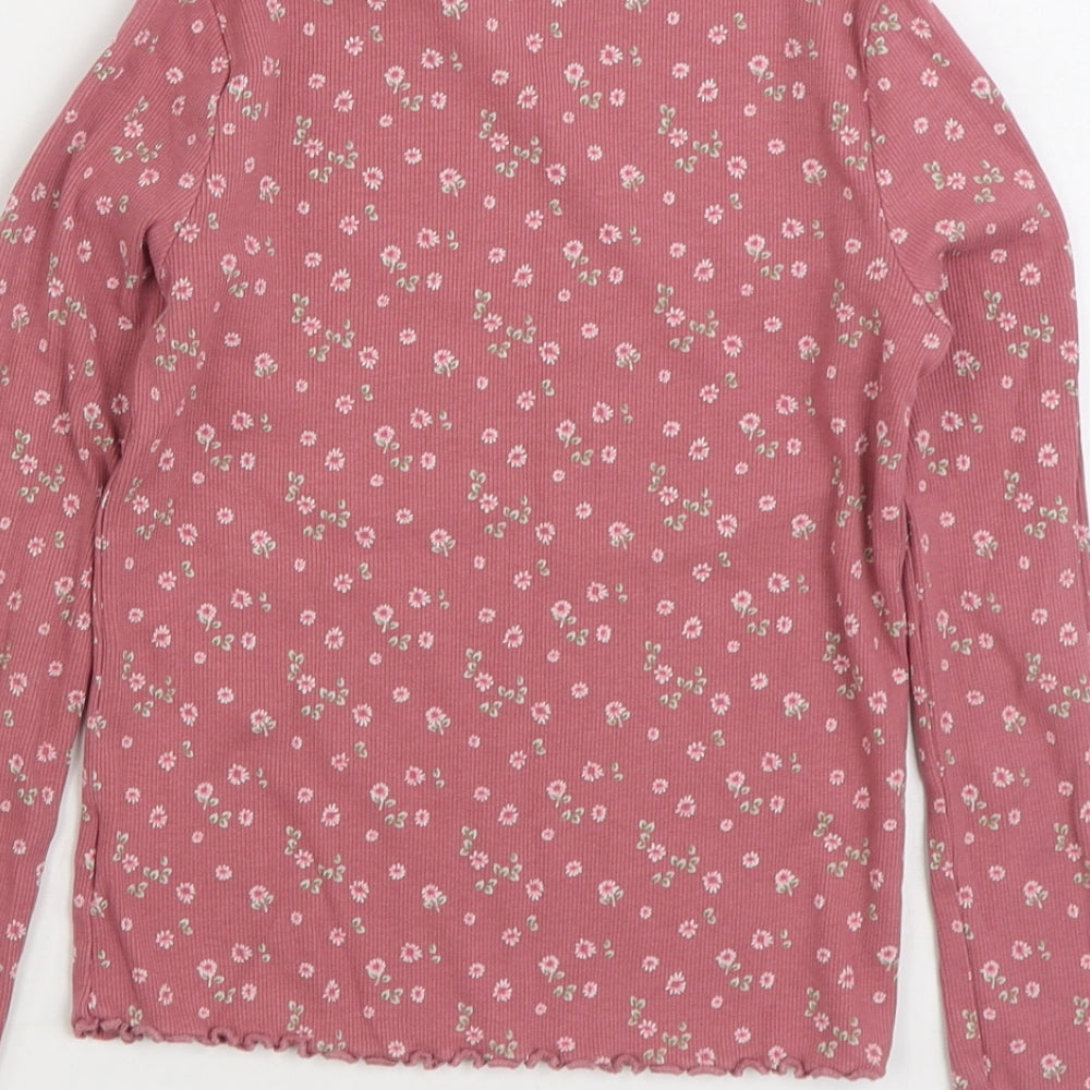 NEXT Girls Pink Floral Cotton Basic T-Shirt Size 7-8 Years Round Neck Pullover