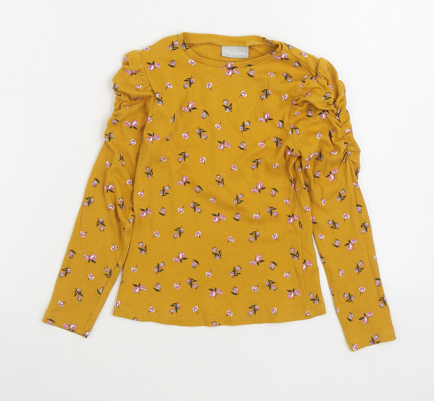 Matalan Girls Yellow Floral Cotton Basic T-Shirt Size 8 Years Round Neck Pullover