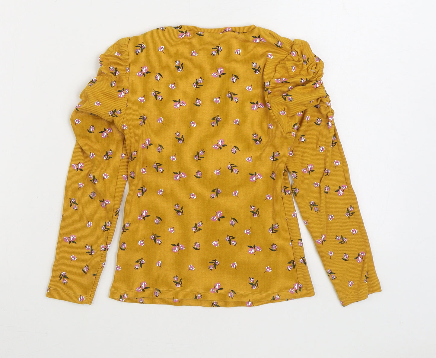 Matalan Girls Yellow Floral Cotton Basic T-Shirt Size 8 Years Round Neck Pullover