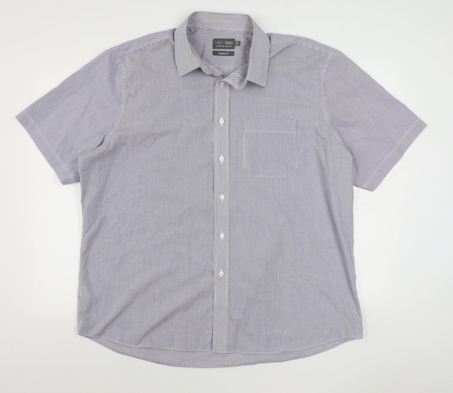 Marks and Spencer Mens Blue Striped Cotton Button-Up Size 17.5 Collared Button