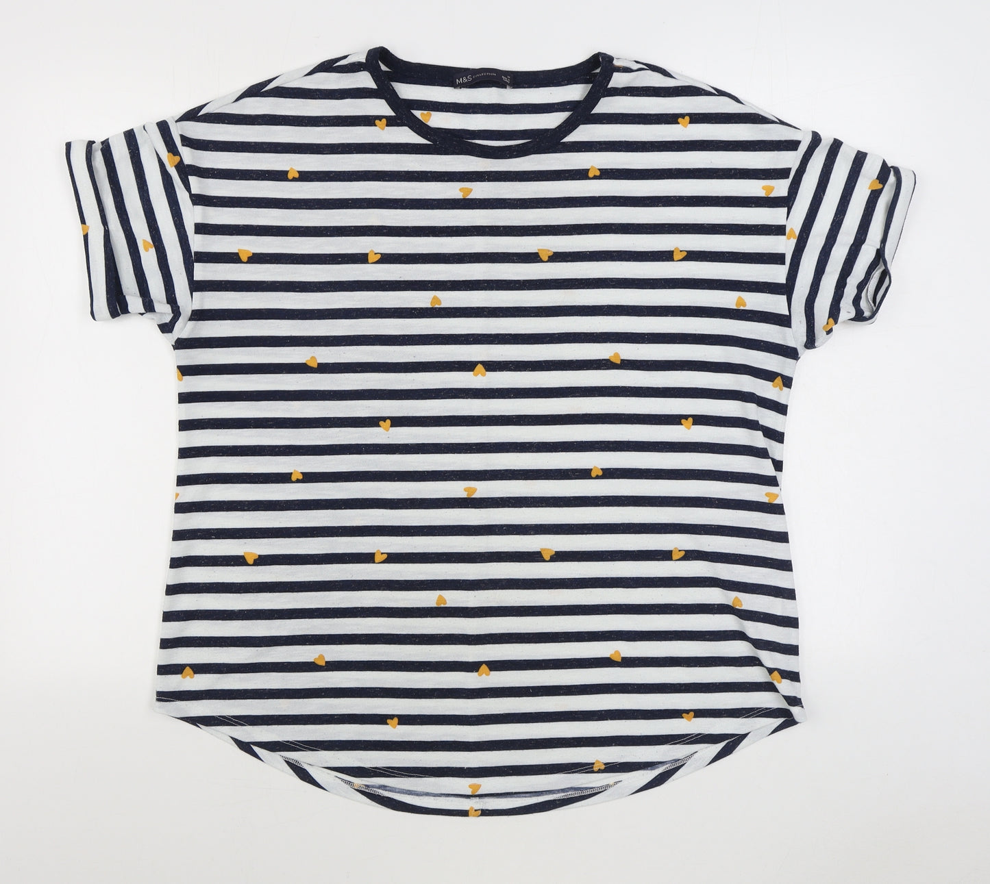 Marks and Spencer Womens Blue Striped Polyester Basic T-Shirt Size 18 Round Neck - Hearts