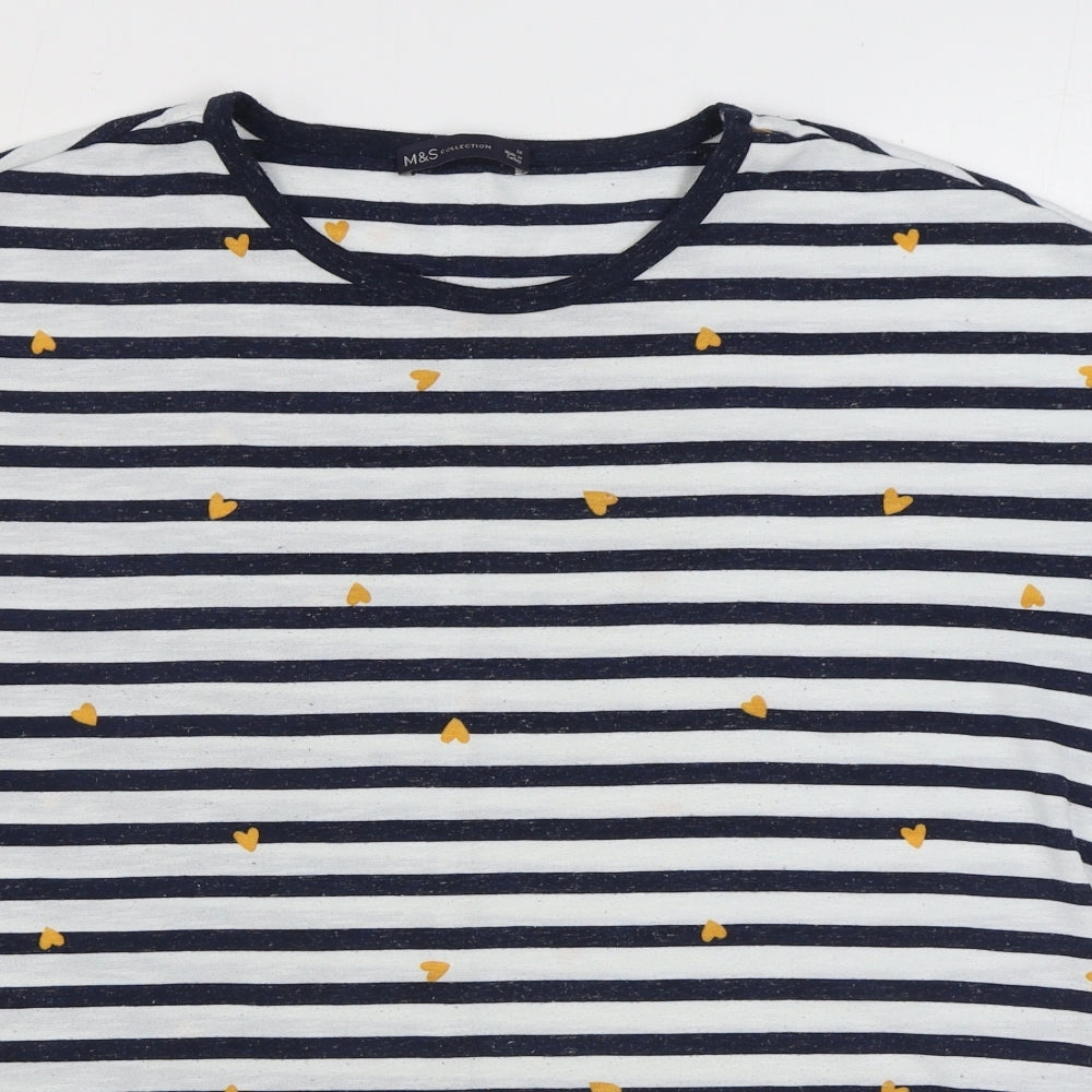 Marks and Spencer Womens Blue Striped Polyester Basic T-Shirt Size 18 Round Neck - Hearts