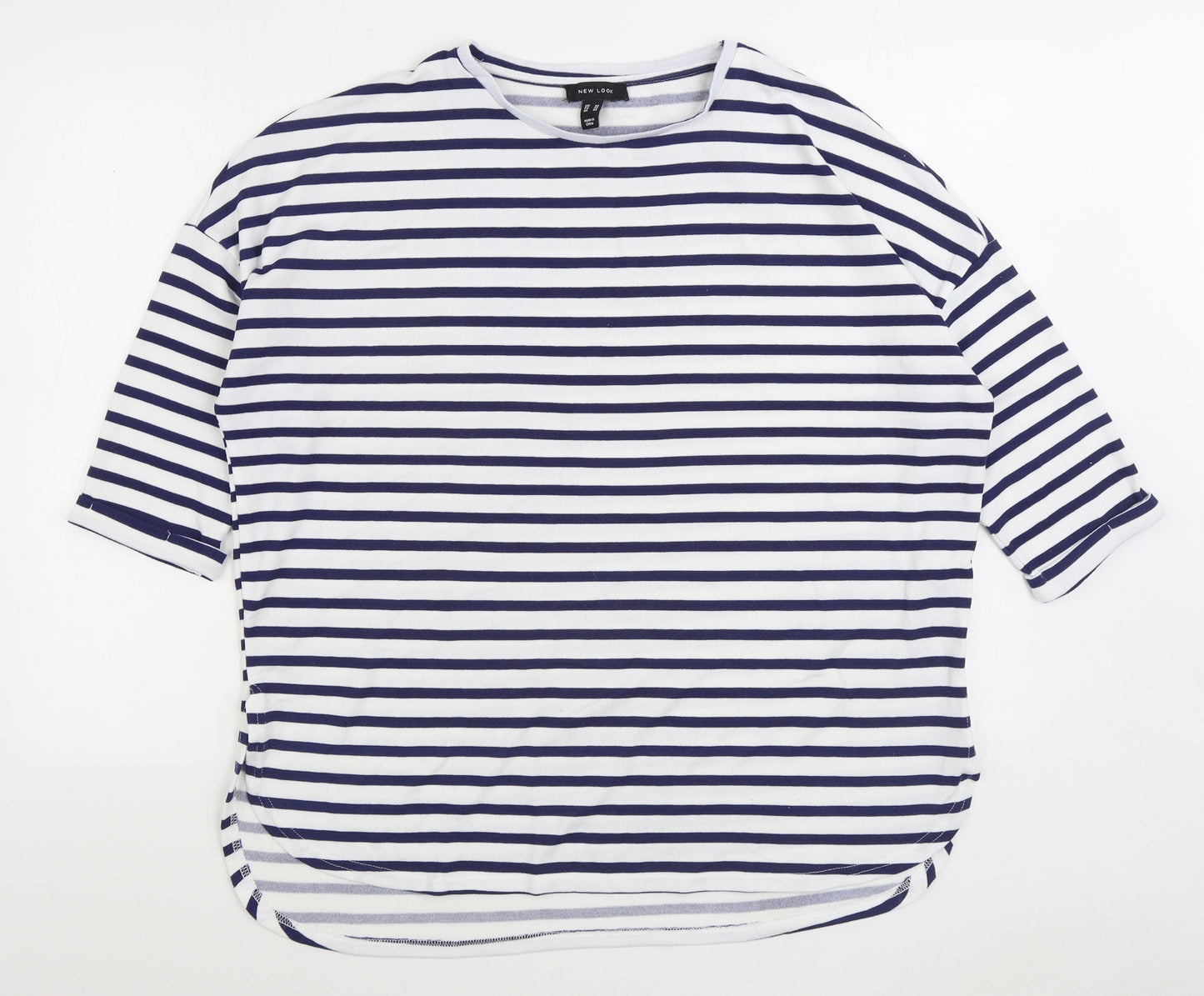 New Look Womens Blue Striped Polyester Basic T-Shirt Size M Round Neck