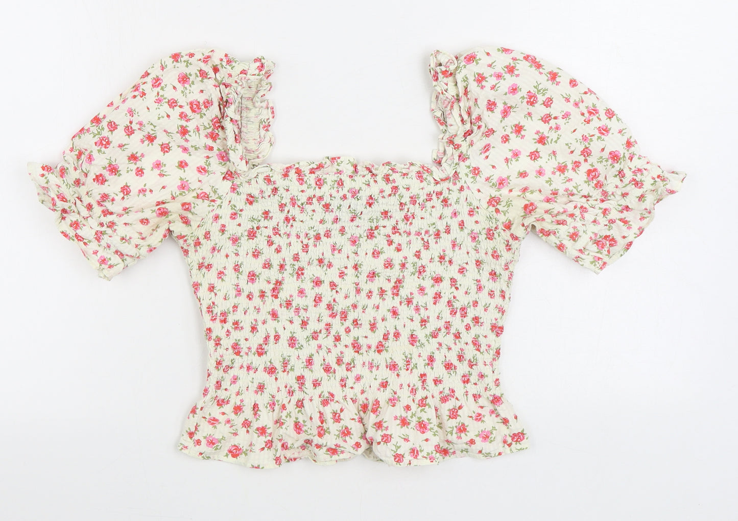 Primark Womens Multicoloured Floral Cotton Basic Blouse Size 10 Square Neck - Shirred