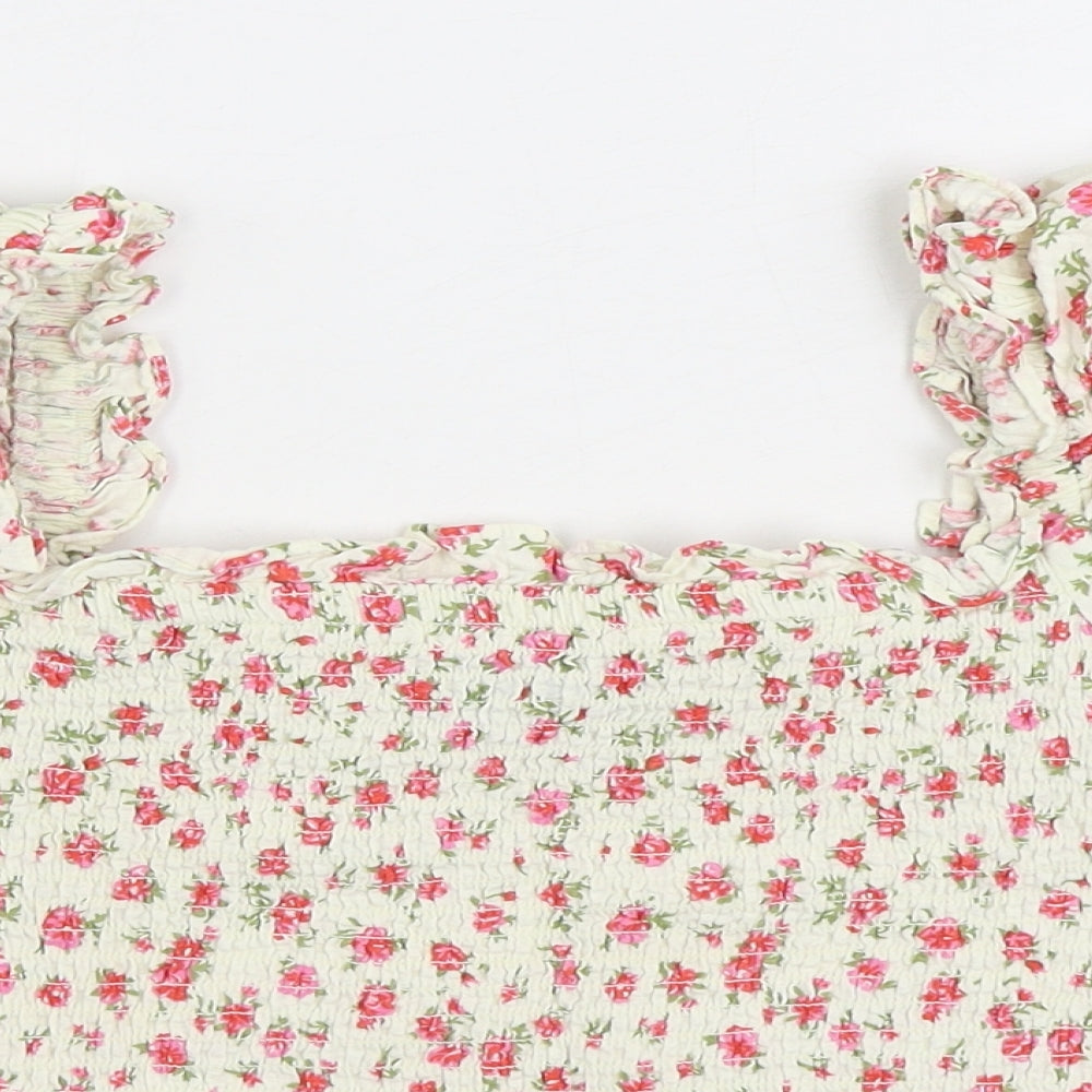 Primark Womens Multicoloured Floral Cotton Basic Blouse Size 10 Square Neck - Shirred