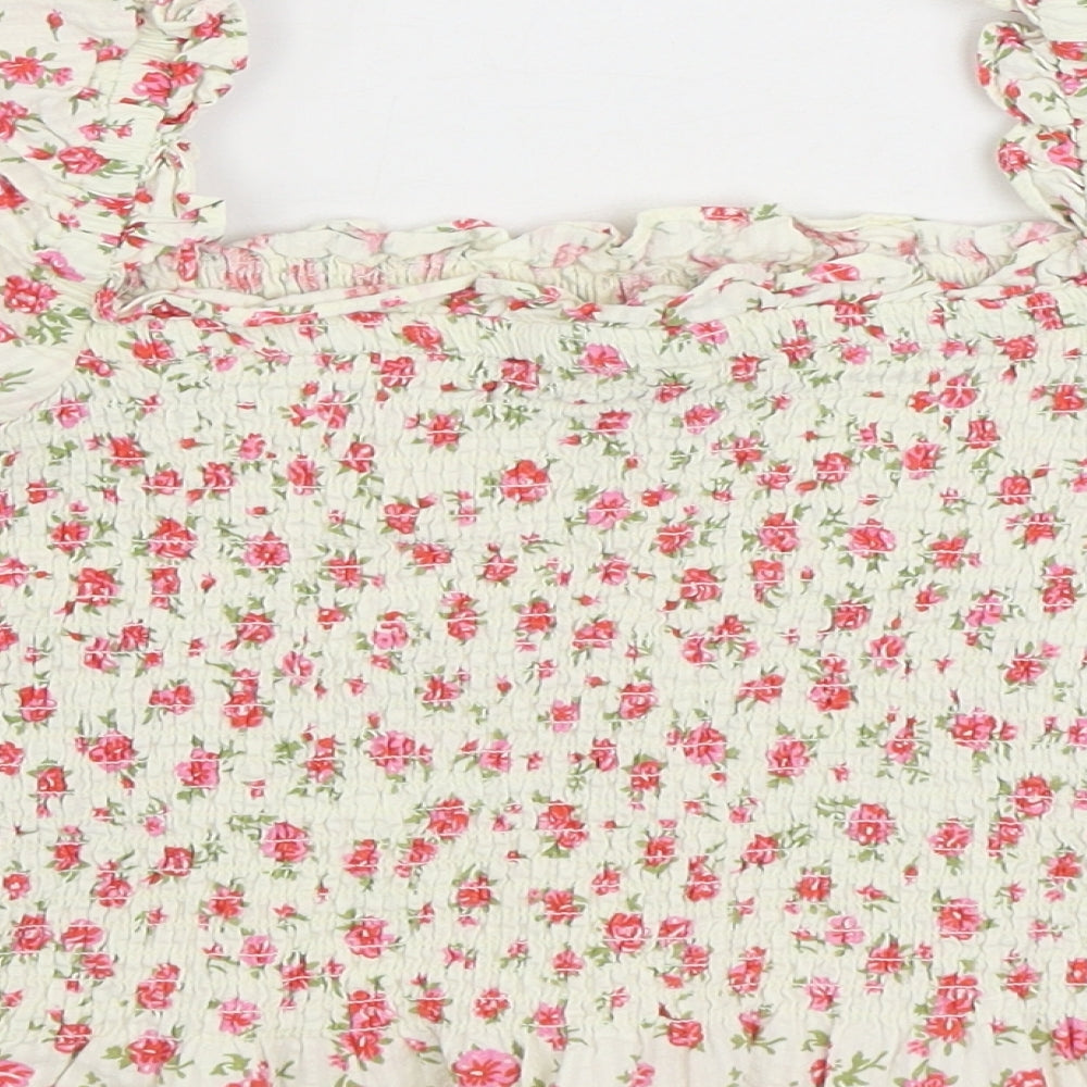 Primark Womens Multicoloured Floral Cotton Basic Blouse Size 10 Square Neck - Shirred