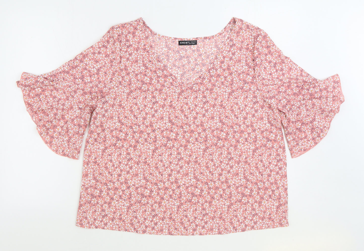 SheIn Womens Pink Floral Polyester Basic Blouse Size XL V-Neck