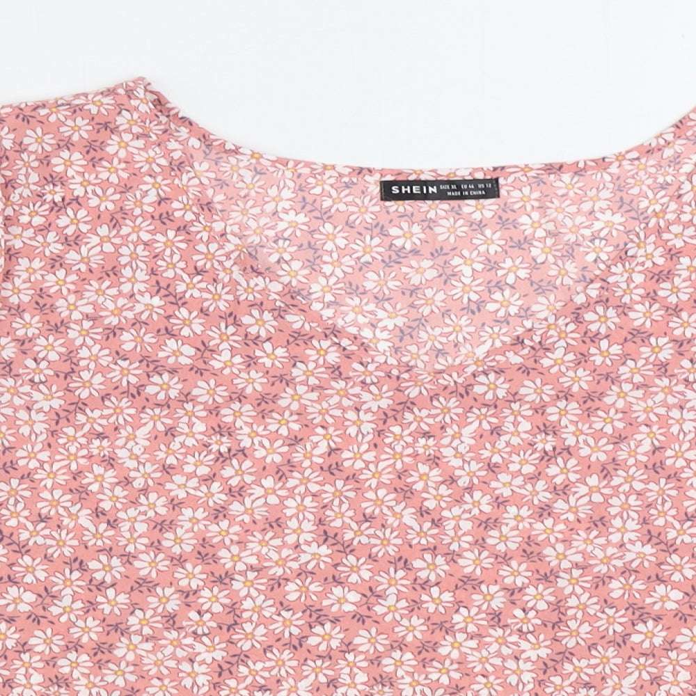 SheIn Womens Pink Floral Polyester Basic Blouse Size XL V-Neck