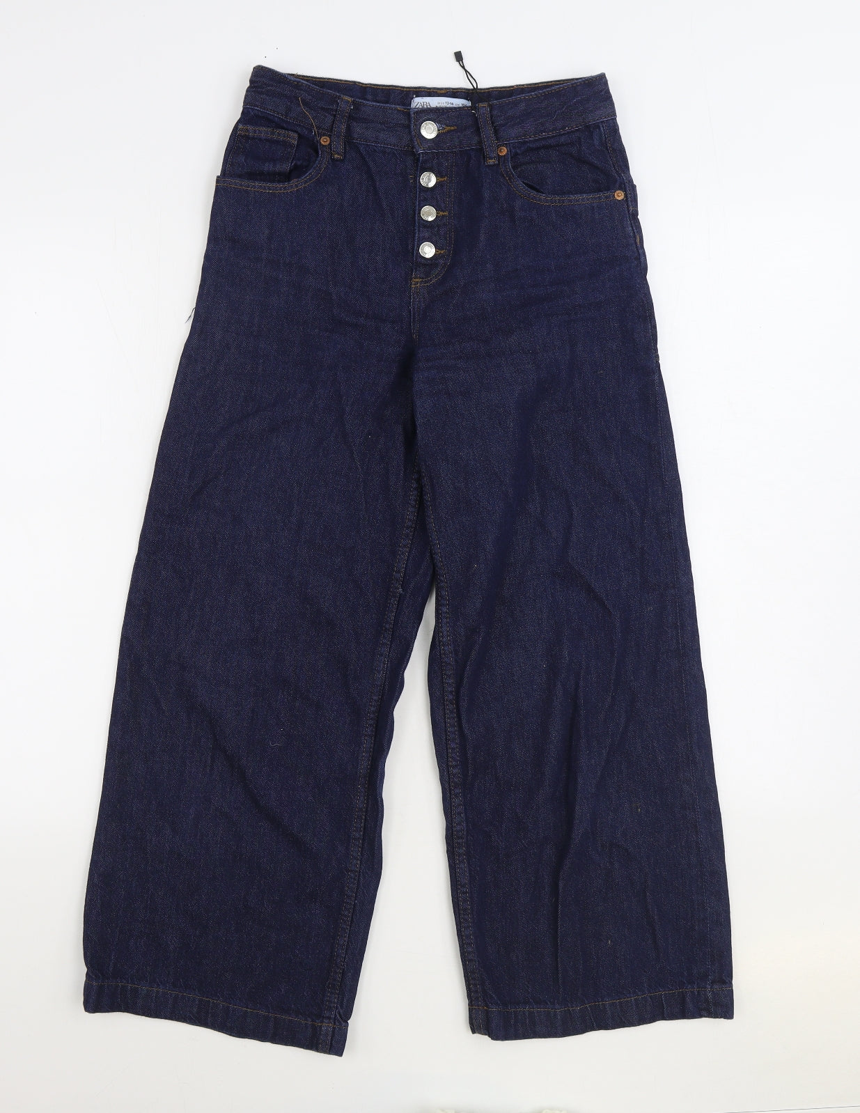 Zara Girls Blue Cotton Wide-Leg Jeans Size 13-14 Years Regular Button